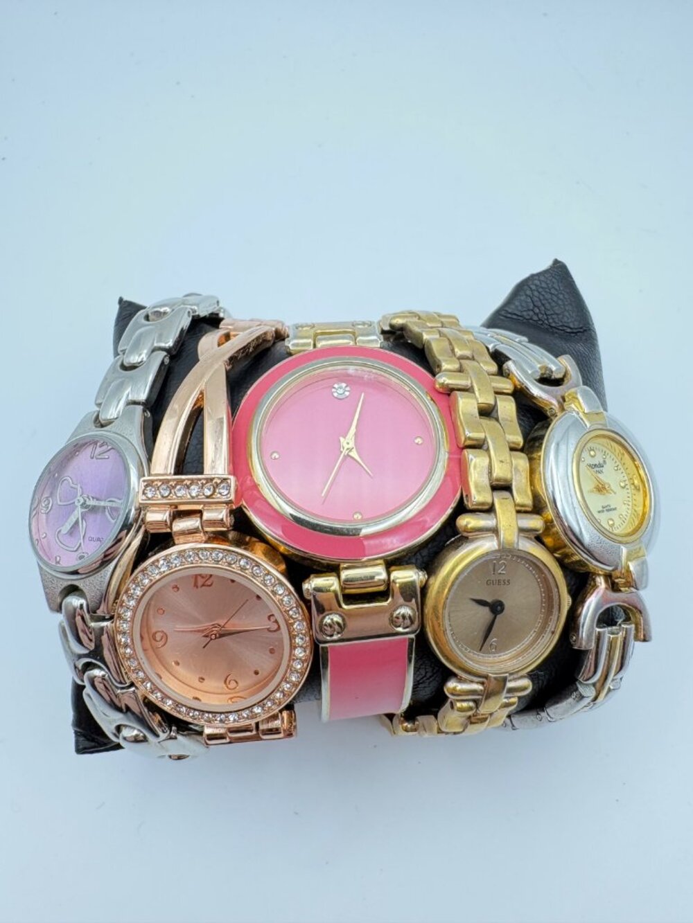 Lot of 6 Womens Quartz Wristwatches Guess Mondu Pink Rhinestone Two Tone Gold